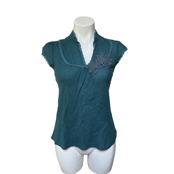 Vintage 90s Y2K Teal Cap Sleeve Slim Fit Feminine Blouse With Lace Accents - Picture 1 of 9